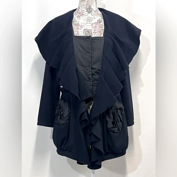 🛍️KATHERINE BARCLAY “Unique” Black Wool blend Frock/coat size S. - Picture 1 of 14